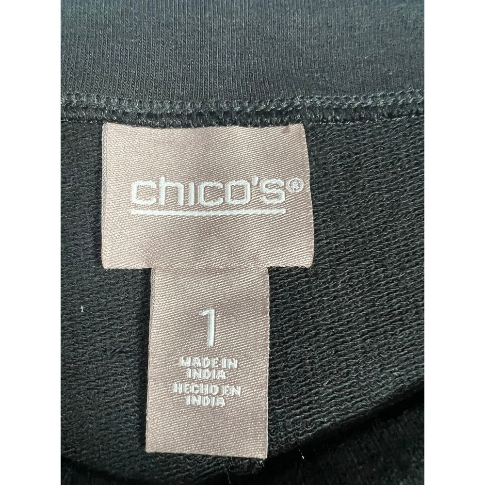 Chico's Black Layered Look Pullover Top Striped Trim Roll Tab Sleeve Size Medium - Picture 6 of 9